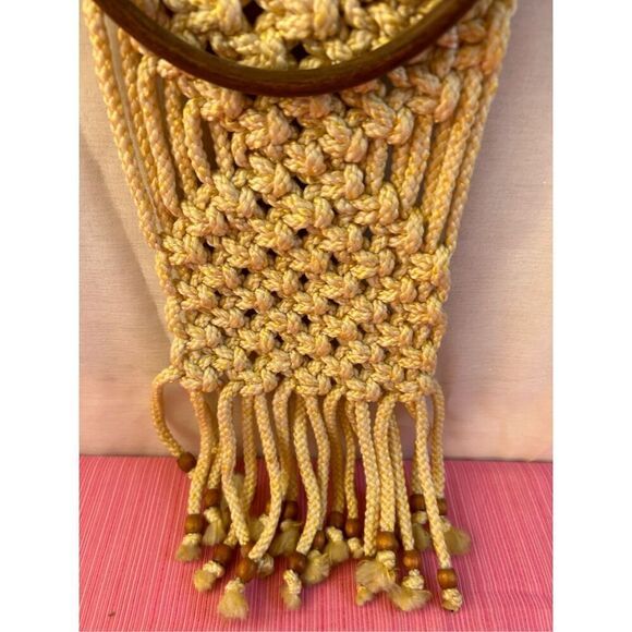 Macrame wall hanging towel rack 2 rings beads 42"x55" beige - Picture 2 of 6